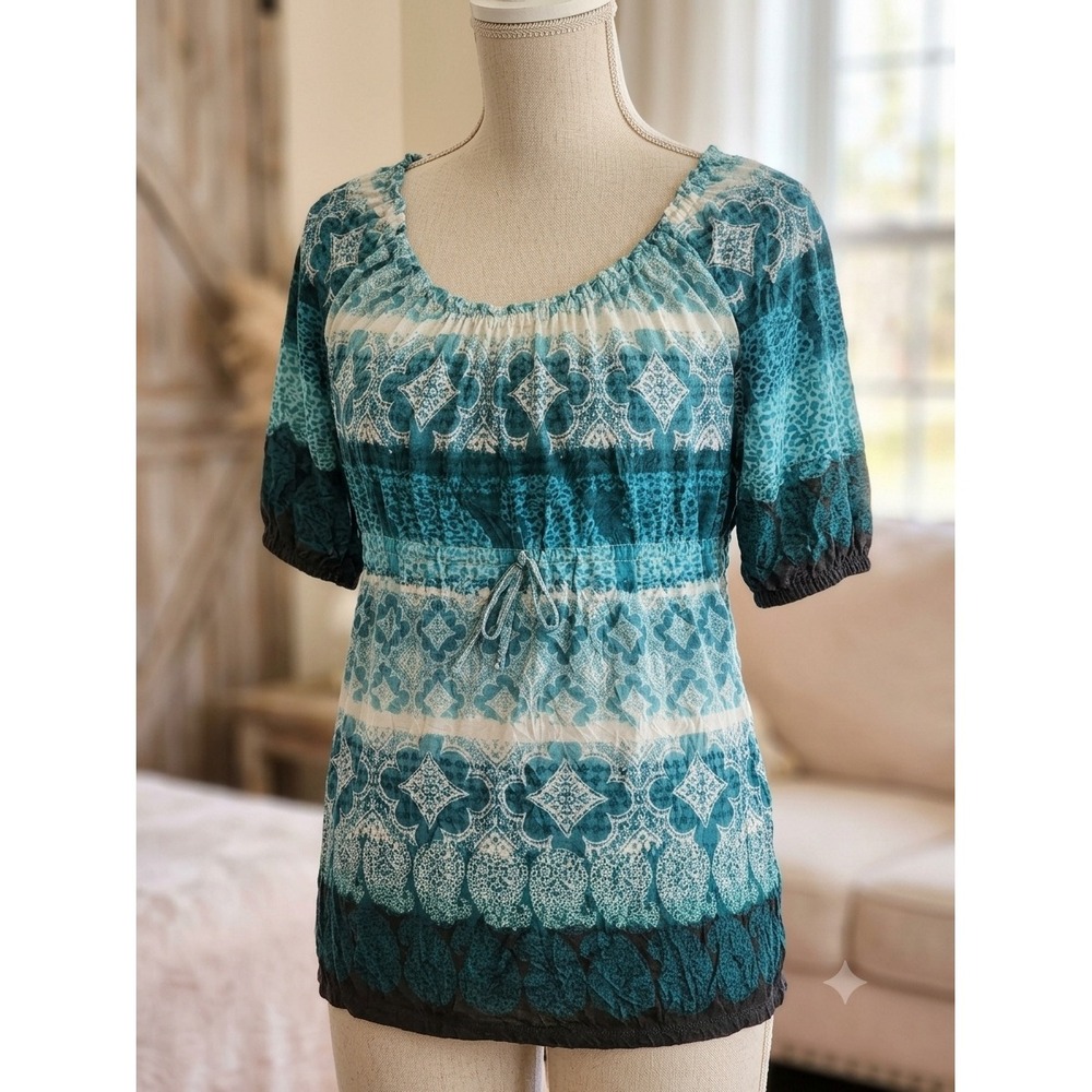 Lizwear Womens Large Teal White Paisley Peasant Blouse Drawstring Short Sleeve